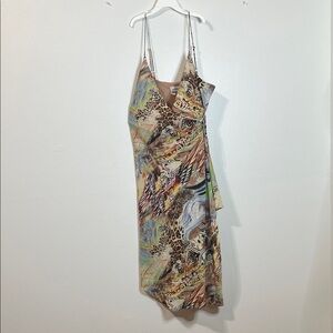 Multicolor Animal-Print Midi Slip Dress with V-Neck